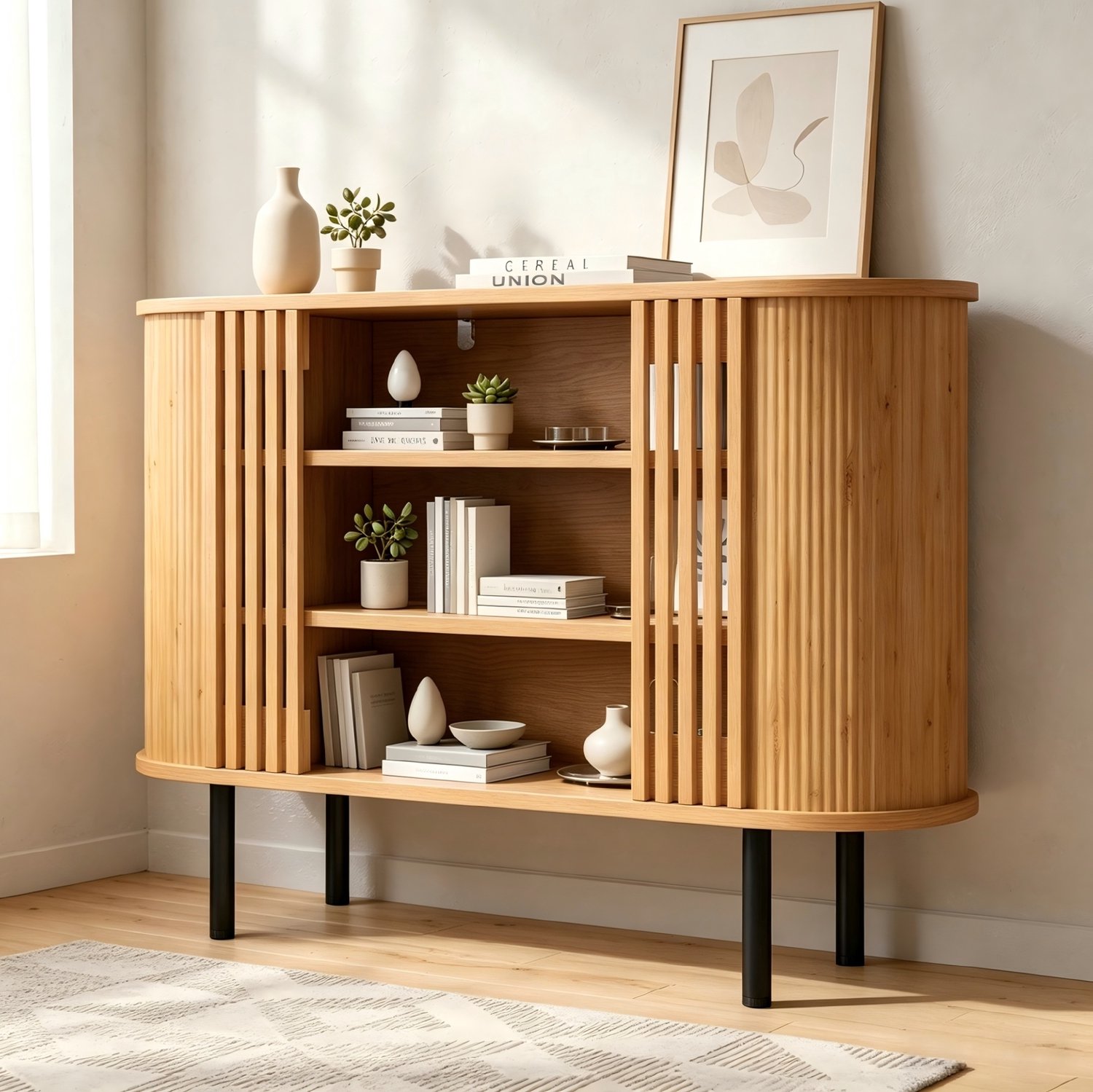 STILVORA Dressoir - Drie Open Vakken - Voor Woonkamer En Eetkamer - MDF En Spaanplaat - 120 x 40 x 80 cm - Natuurlijke Houtkleur