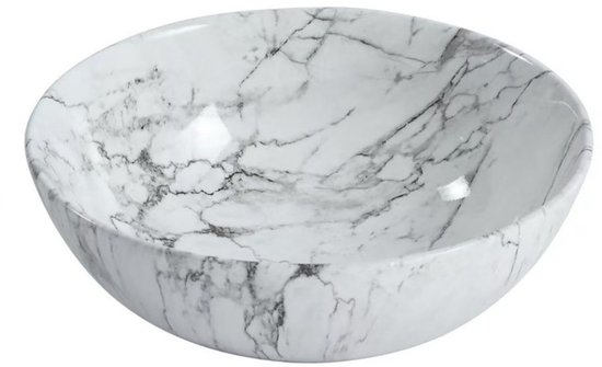 Ronde, witte waskom met grijze marmerlook aders en een glanzende afwerking.