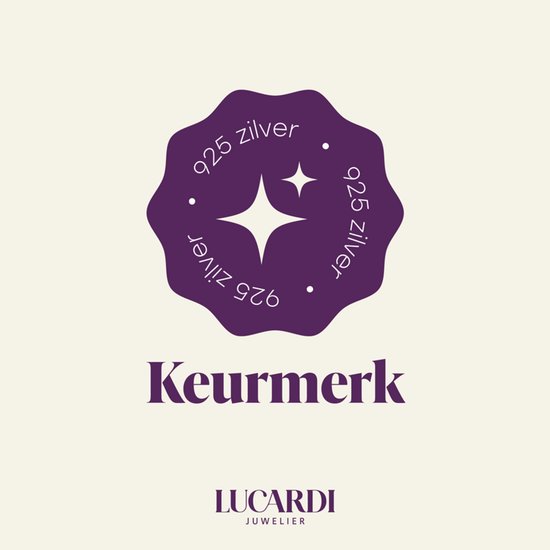 Paars zegelvormig 925 zilver keurmerk logo met sterren, tekst 925 zilver en Lucardi Juwelier.