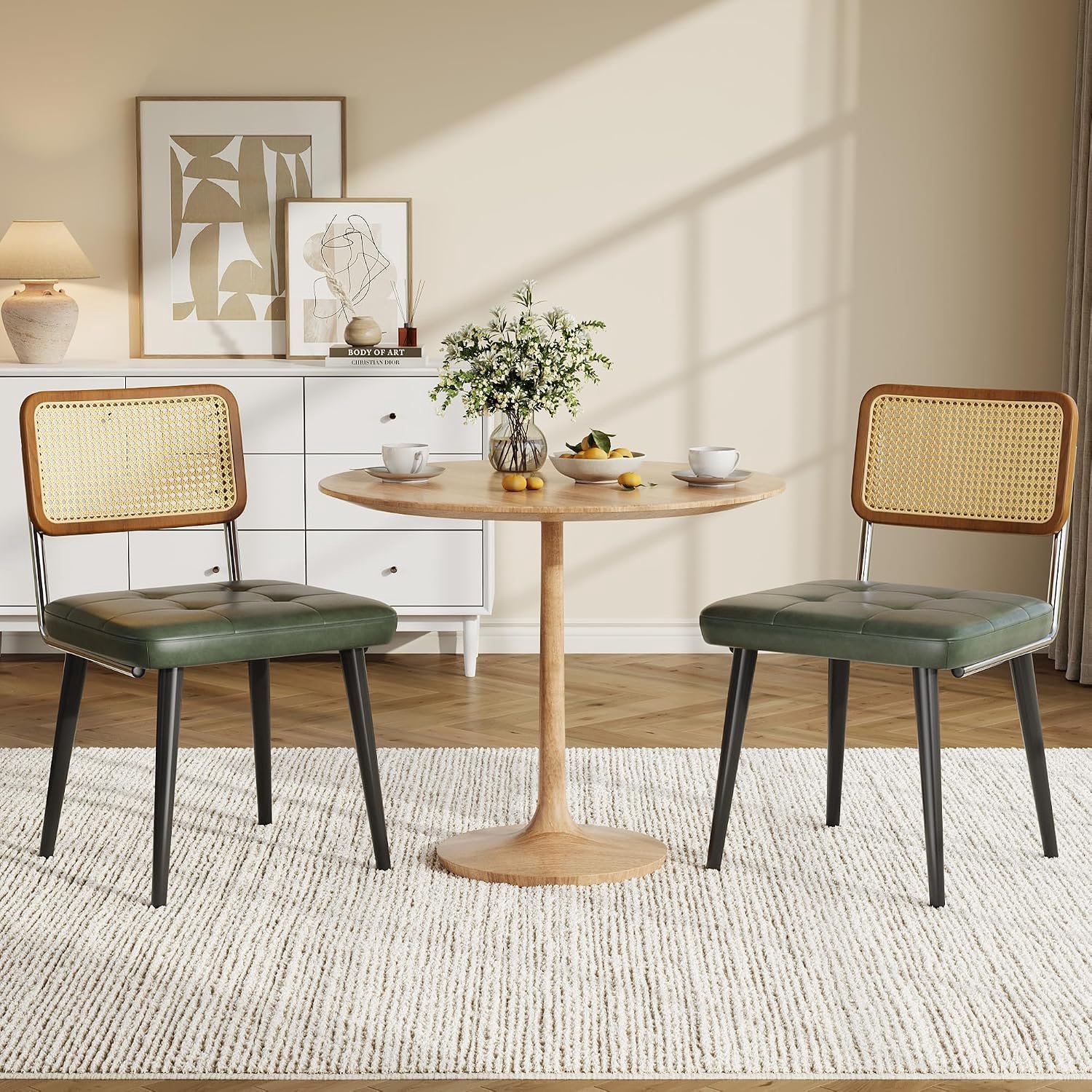 Set van 2 eetkamerstoelen met rotan rugleuning - donkergroen PU-leer - zonder armleuningen voor keuken en restaurant