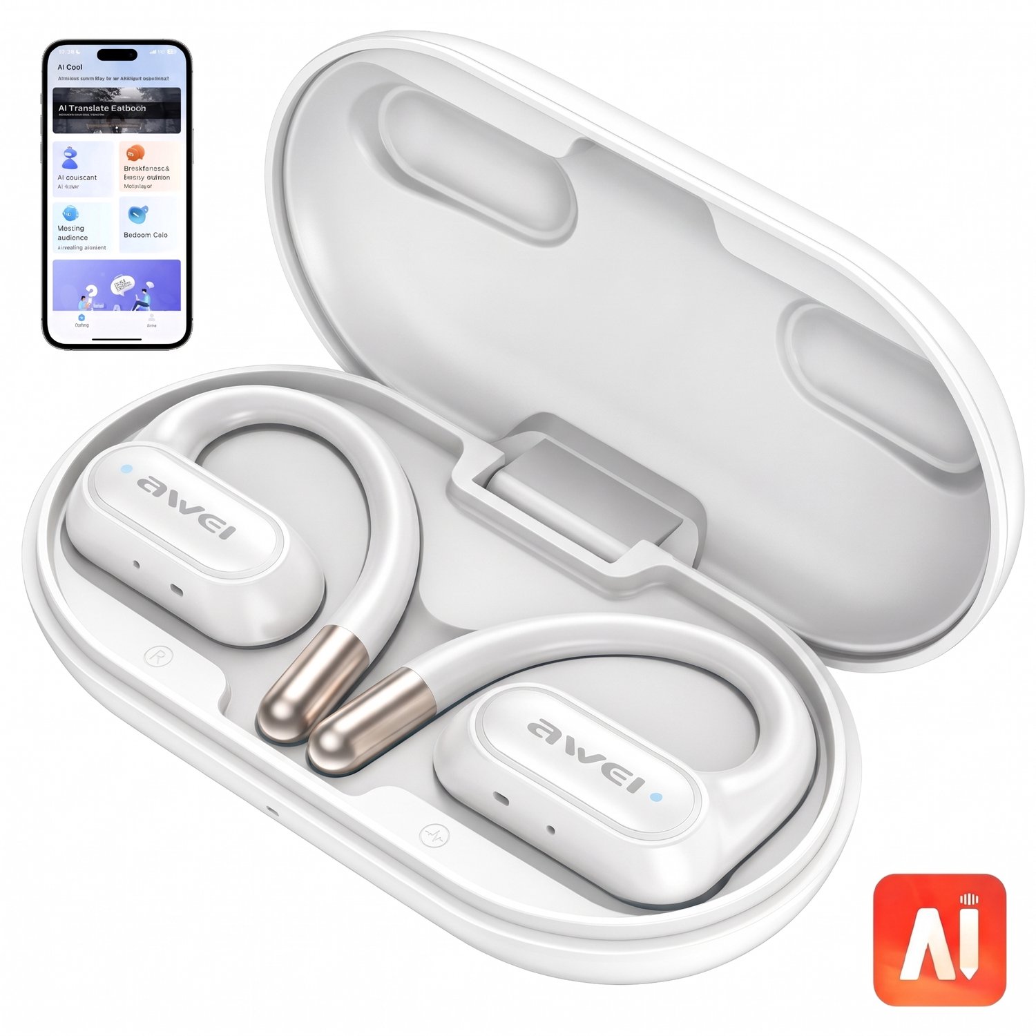 AWEI T93 - Sport Oordopjes - Open-Ear Oorclips - Draadloos Bluetooth Clip On Design - AI-vertaalfunctie - ENC Ruisonderdrukking - IPX6 - 40 Uur Batterijduur - voor Hardlopen - Wit