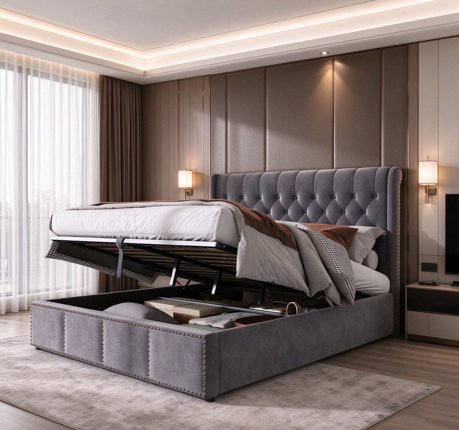 ROSAHQNDA Gestoffeerd bed 160 x 200 cm met opbergruimte en lattenbodem, tweepersoonsbed met opbergfunctie in grijs, fluwelen bekleding, gestoffeerd bedframe, belastbaar tot 300 kg, zonder matras (grijs, 160 x 200 cm)