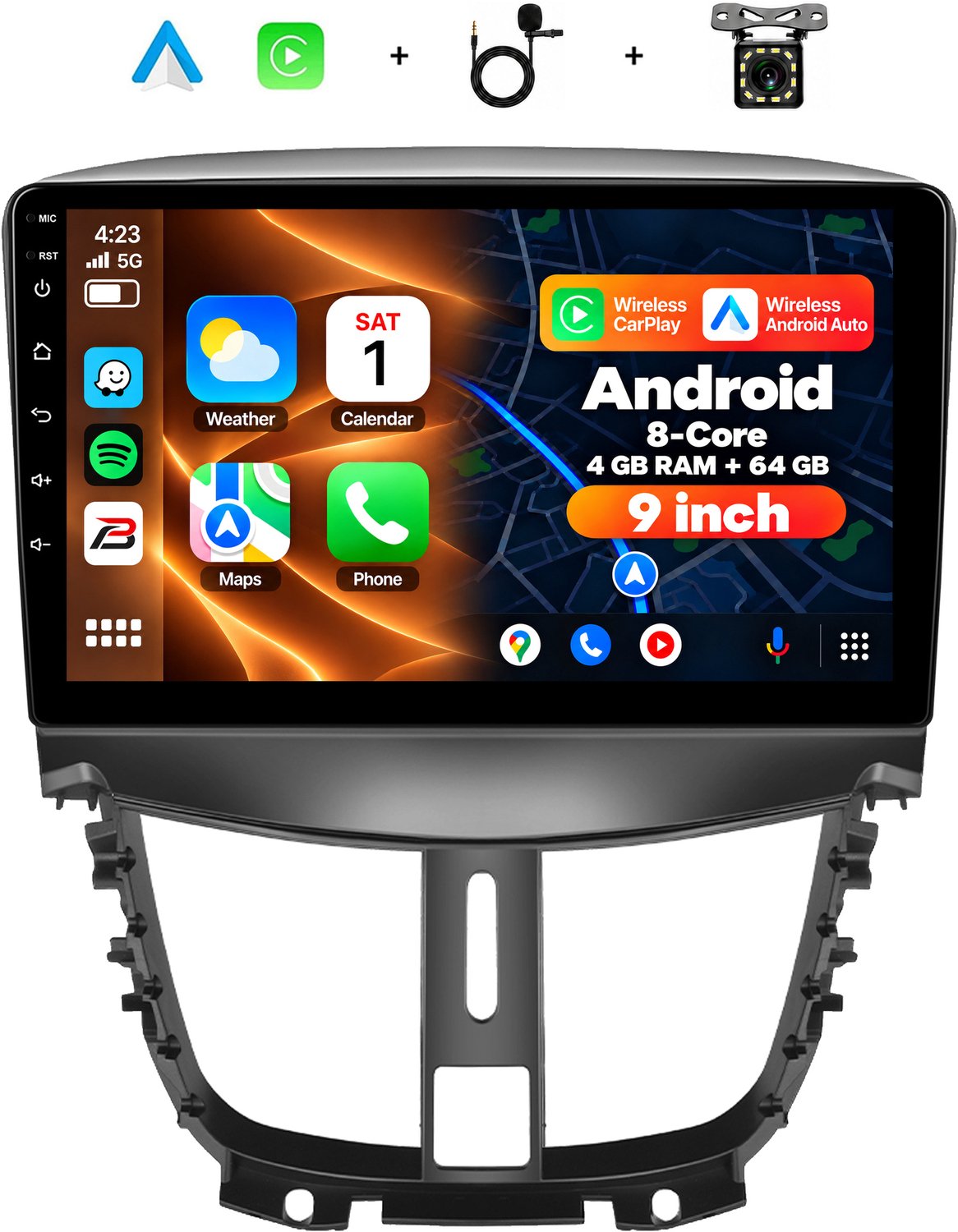 Boscer 2 Din Android 15 Autoradio - Geschikt voor Peugeot 207 (2009-2013) - Draadloos Apple Carplay & Android Auto - 8-Core 4+64GB - Interne Koeling - 9 Inch HD IPS Touchscreen - GPS Navigatie - WIFI, Bluetooth & USB - Achteruitrijcamera & Microfoon