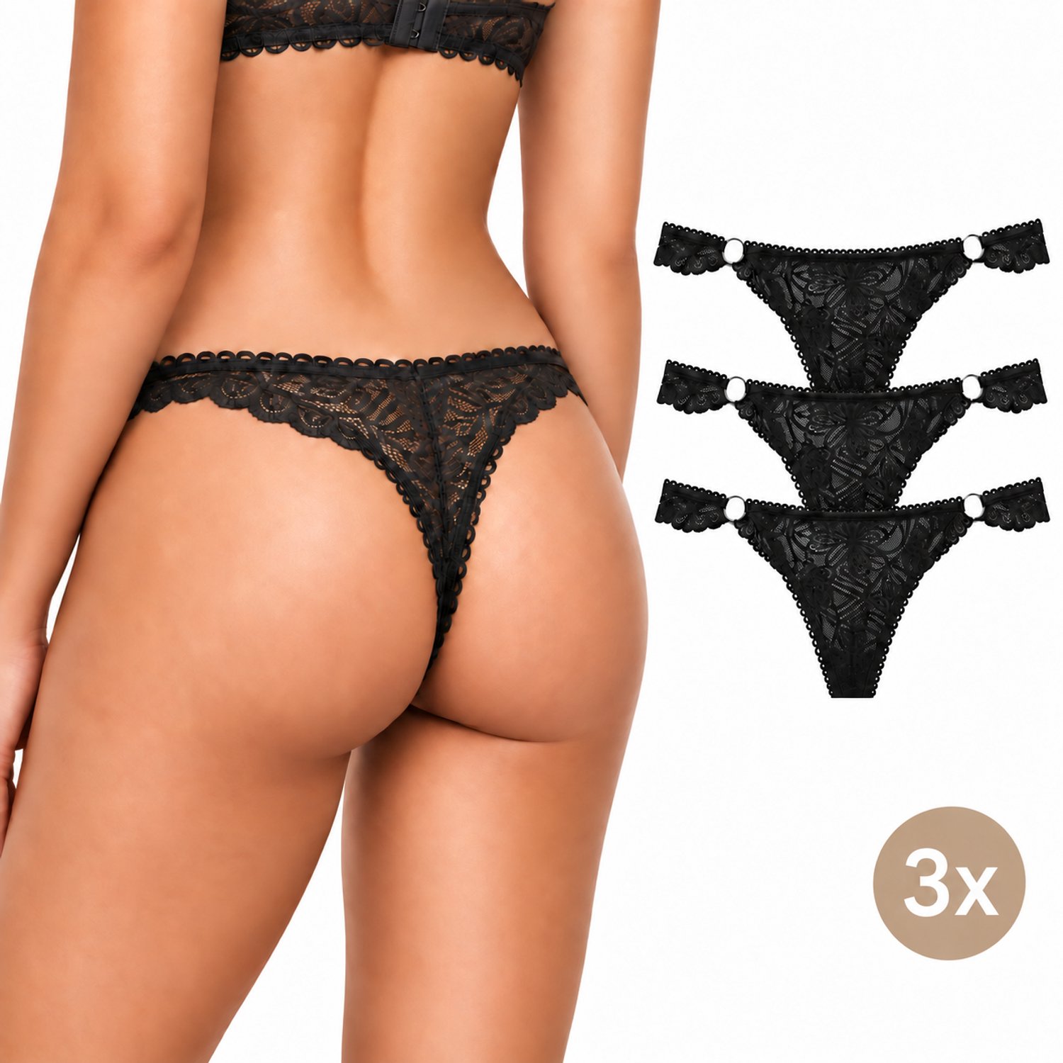 Calzera Dames Strings met Kant - 3 Pack - Sexy Kanten String Tangas - Dames Ondergoed met Ringdetails - Zwart - Maat L