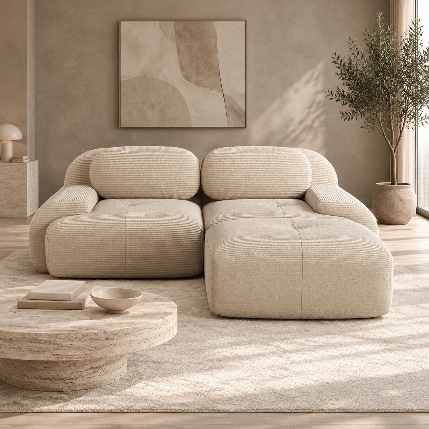 WUVRIE Modulaire hoekbank 208x178 cm - Ribstof, gebogen armleuningen, zonder montage - Beige