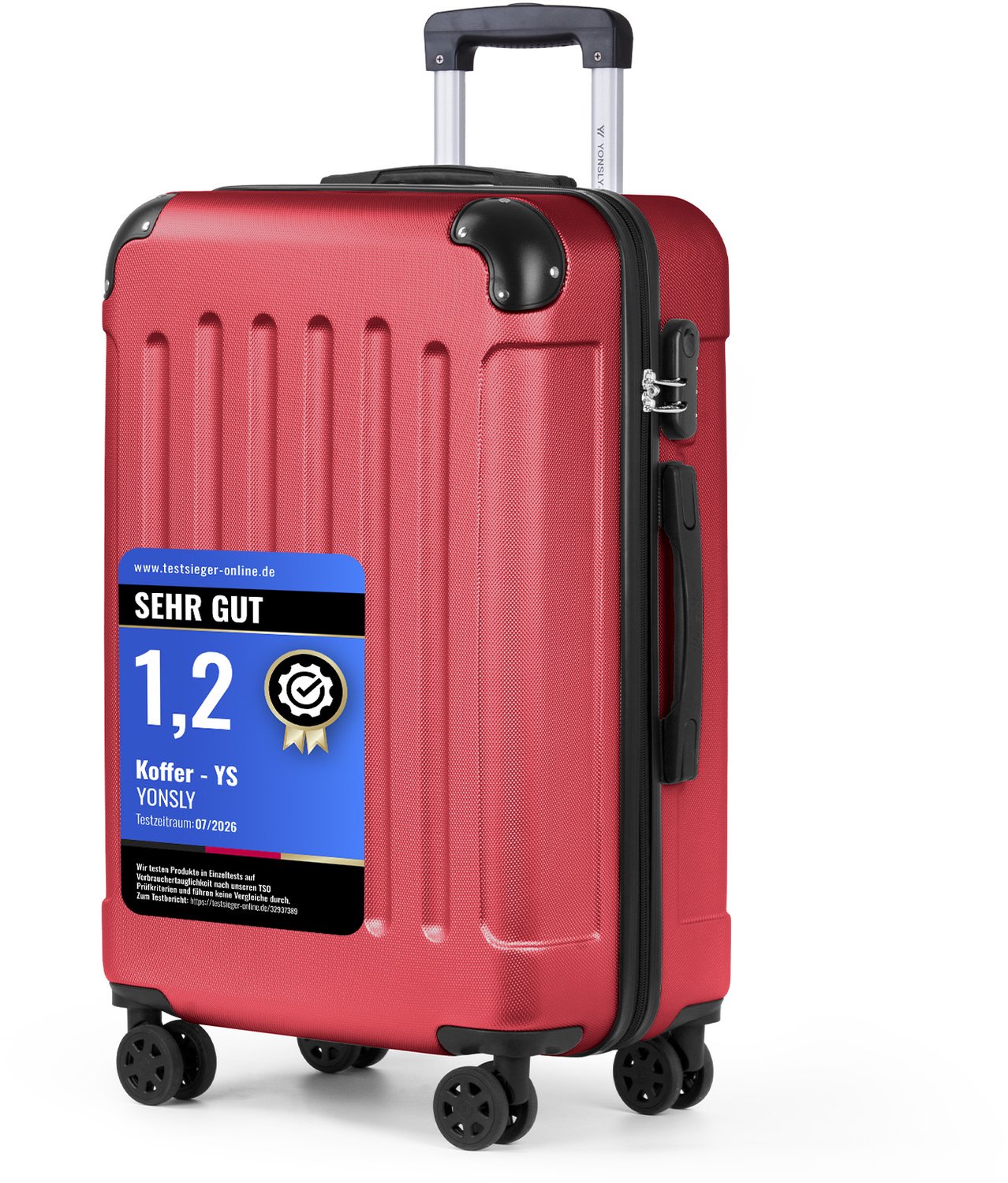 YONSLY Handbagage Koffer - 66cm - 66 L - Cijferslot- 360° Draaibare Wielen - Trolley- 66 x 43 x 26 cm - Rood