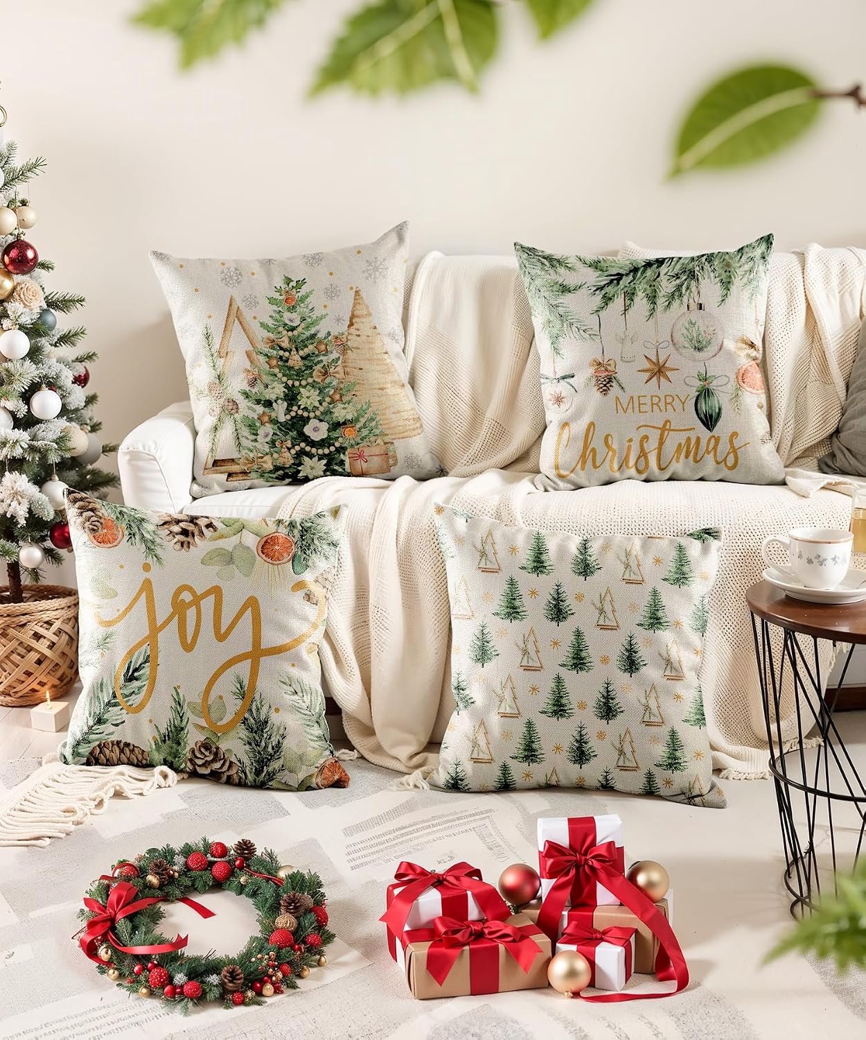 Set van 4 - Kerst kussensloop - Kussenhoes - Kerstkussenslopen - 45 x 45 cm - Kerst decoratie - Kussenhoesjes - Winter vakantie kerstdecoratie - Thuis bank kussen - Binnen decoraties - Voor decoratie Kerstmis, bank, slaapkamer - Polyester - Beige – foto 4