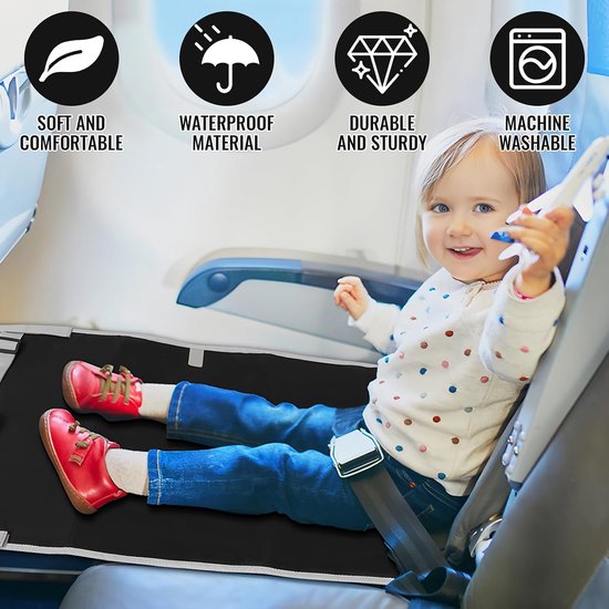 Vliegtuigbedje – Stoelverlenger – Luchtvaart babybedje – Voetensteun vliegtuig – Voetensteun in hangmatstijl – Draagbaar slaapbedje – Vliegreizen reisaccessoire – Opvouwbaar – Om te rusten en te spelen in vliegtuigen, auto's (Zwart – 79 x 44 cm) — afbeelding 3