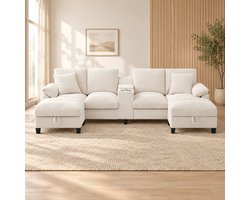 WUVRIE - U-bank 293x142x93 cm - 4-zits met opbergruimte, USB-poorten en bekerhouder - Beige
