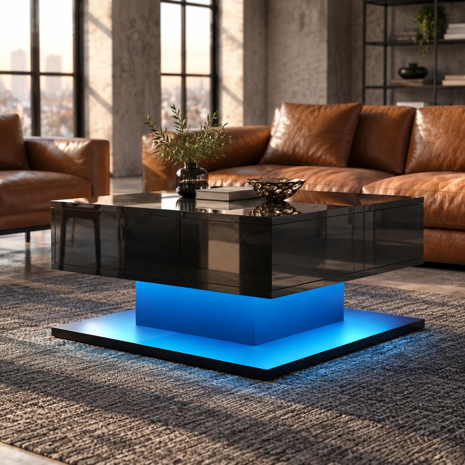 Maisentiel Salontafel 72 x 72 cm – hoogteverstelbaar, LED, MDF/spaanplaat, zwart