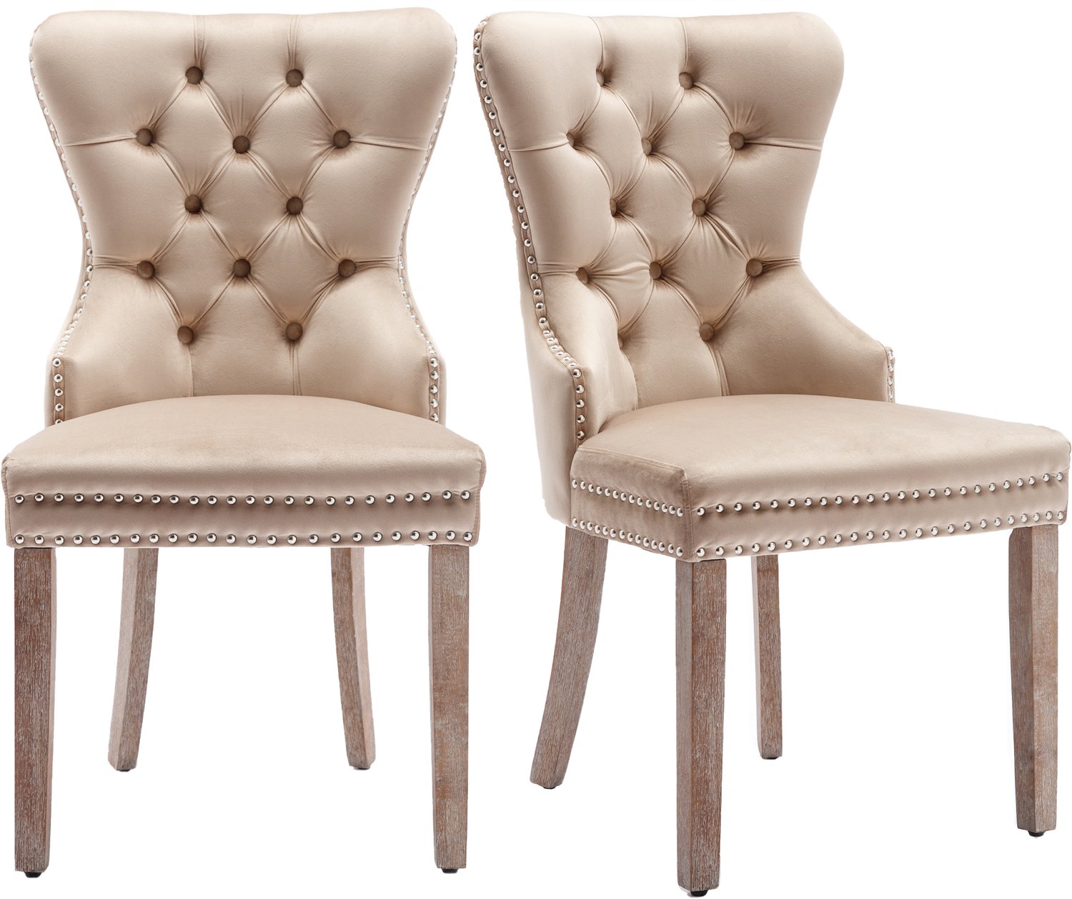 SONNENH Eetkamerstoelen set van 2 met beige velvet, knopenrug, zilverkleurige sierring en houten poten Beige en naturel houtkleur