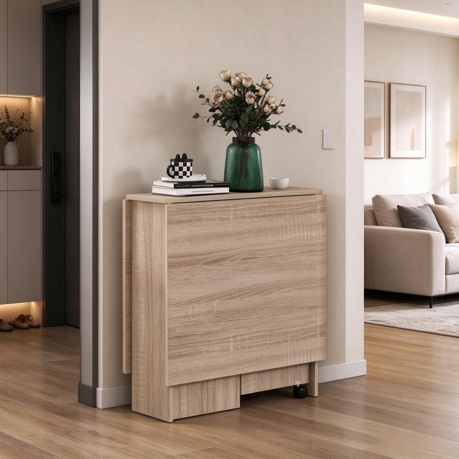 SONNENH Klapbare eettafel met 2 opbergplanken en remwielen - 140 cm - Natuurlijke houtlook