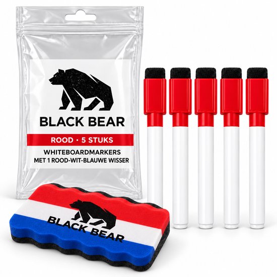 Set van 5 rode BlackBear whiteboardmarkers in verpakking met een rood-wit-blauwe wisser.