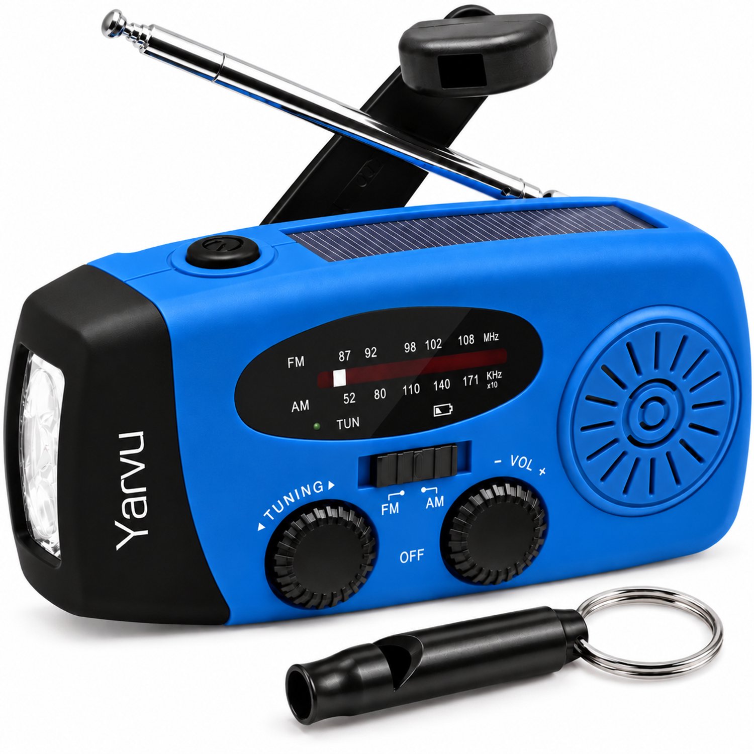 Yarvu ® Noodradio Solar Opwindbaar + Noodfluit - 2000mAh - Powerbank - LED Zaklamp - Op Accu - Aanzwengelen - FM AM Radio - Zonne Energie - SOS Sirene - Blauw