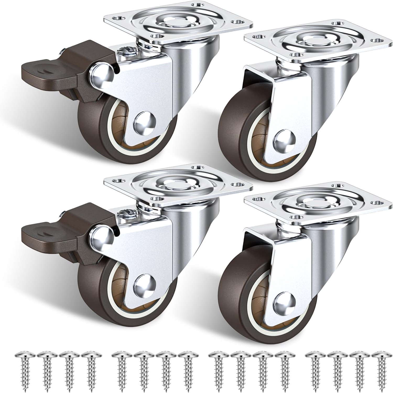 SnelShoppen - Furniture Castors 38 mm - Set van 4 kleine meubelwielen met remmen, rubberen wielen voor meubels tot 90 kg, ideaal voor tafels, kasten e