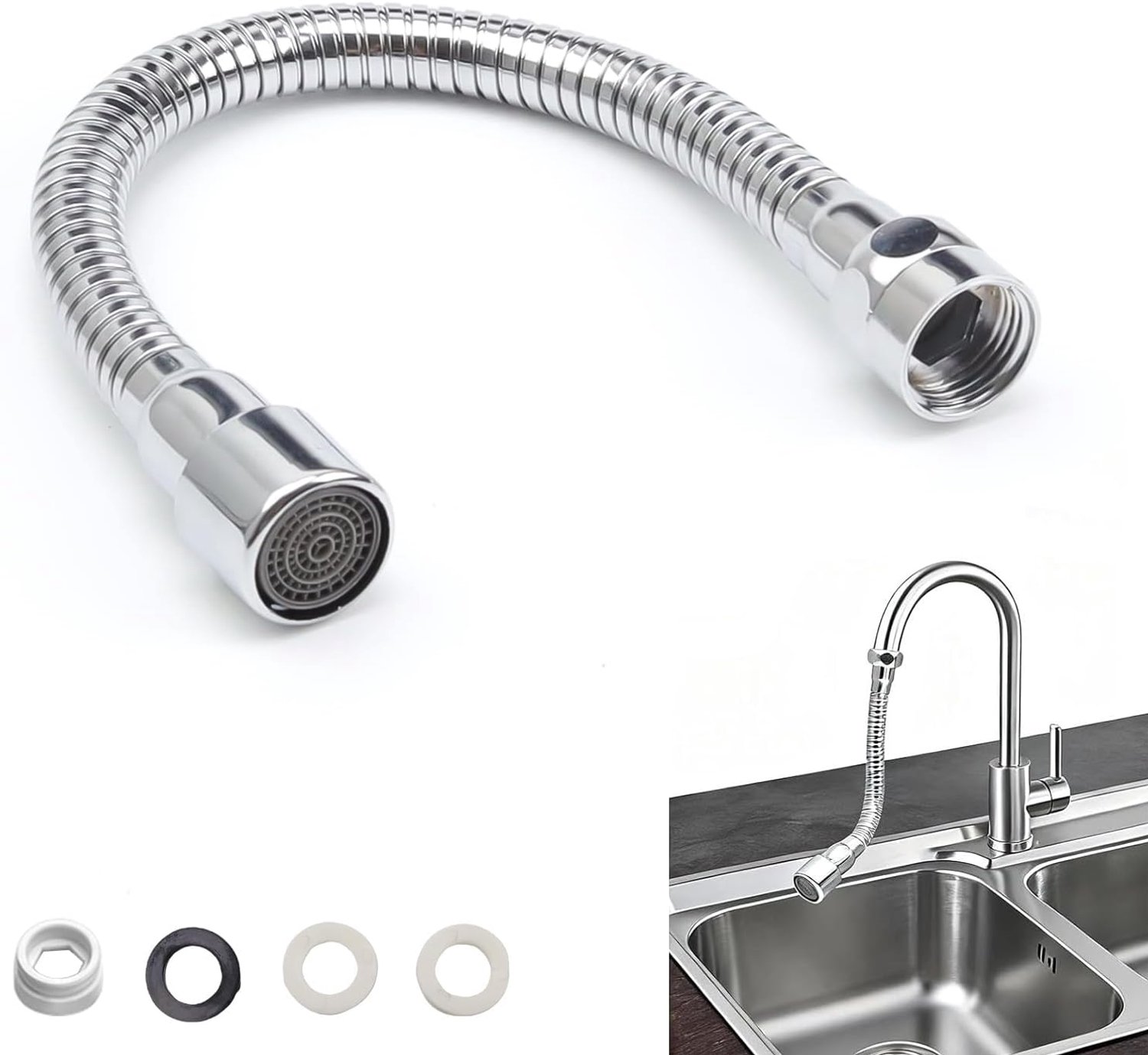 SnelShoppen - Tapuitbreiding 30 cm RVS 360° Verstelbare Kraanadapter met Vrouwelijke Draadadapter en Afsluitringen voor Badkamer, Keuken of Hotel