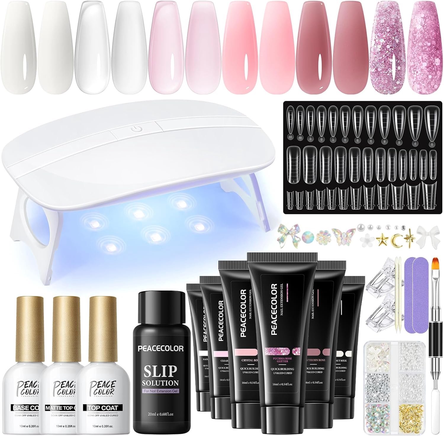 SnelShoppen - Poly Extension Gel Complete Set Met U V-Lamp - 6 Kleuren Wit, Transparant, Roze - 16 ml Nagelgel Set Met Basislaag, Topcoat En Manicureg