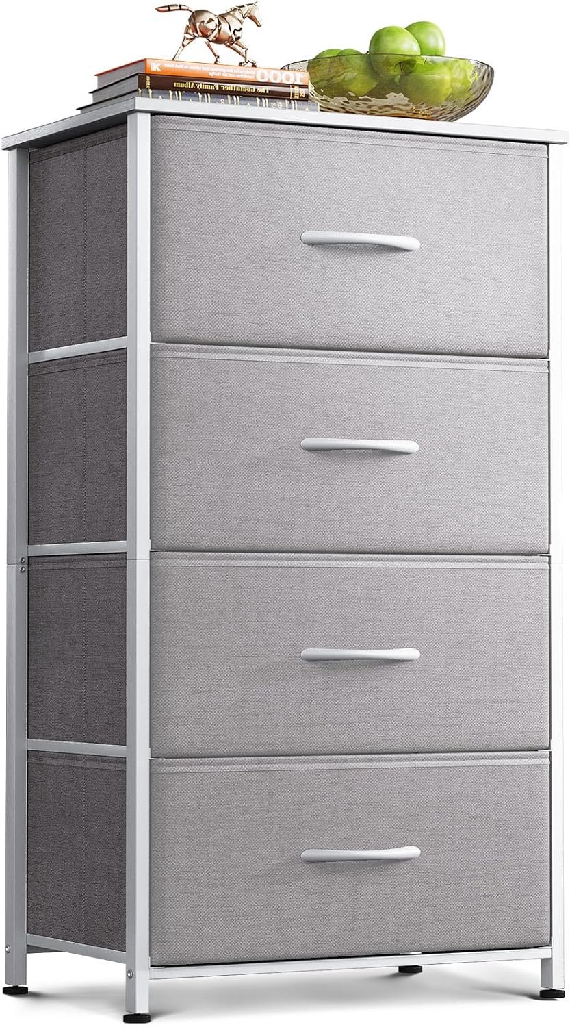 SnelShoppen - Smalle Ladekast met 4 Lades, Compacte Stoffen Lades, Stevig Stalen Frame, Houten Bovenblad, Lichtgrijs, Perfect voor Slaapkamer en Woonk