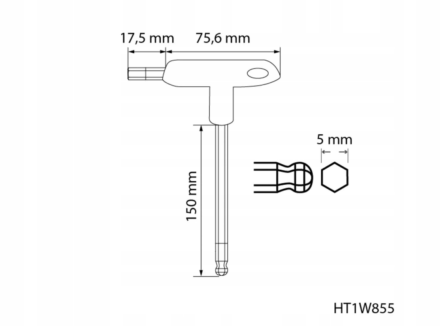 HOGERT T-sleutel met kogelkop, lang, 5 mm