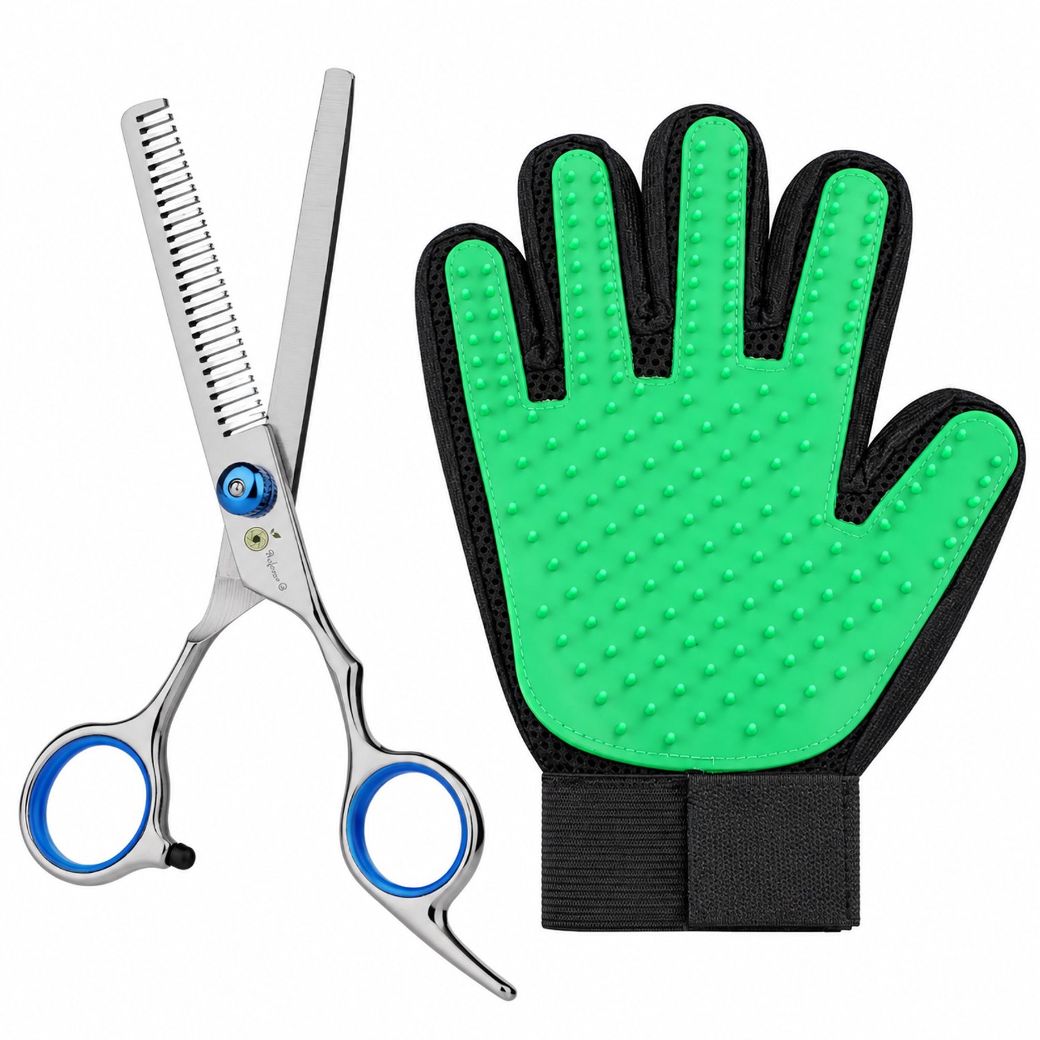 Professor Q Hondentrimset - Effileerschaar Zilver/Blauw - Vachthandschoen Groen - 2-delig