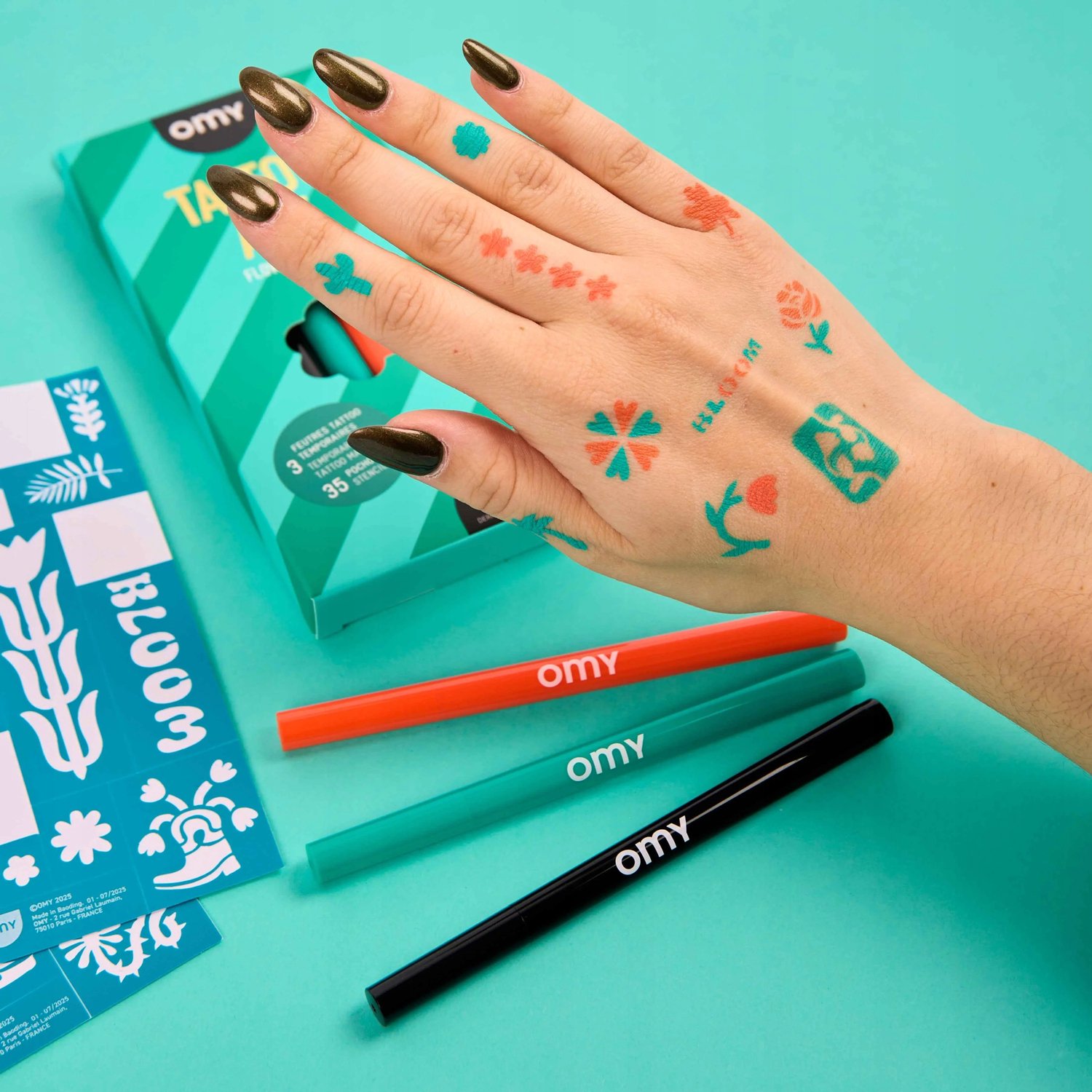 Tijdelijke Huid Tattoeageset met Bloemensjablonen - 3 Kleuren