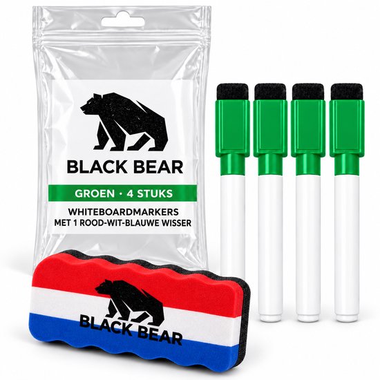 Set van 4 groene whiteboardmarkers en een rood-wit-blauwe wisser in een Black Bear verpakking.