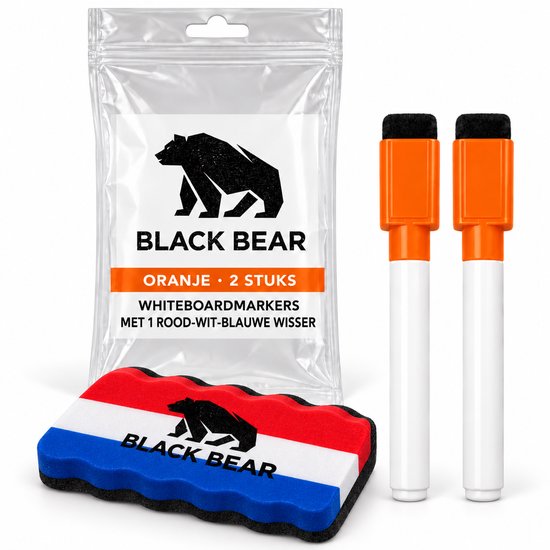 Twee oranje whiteboardmarkers naast een rood-wit-blauwe wisser in een verpakking.