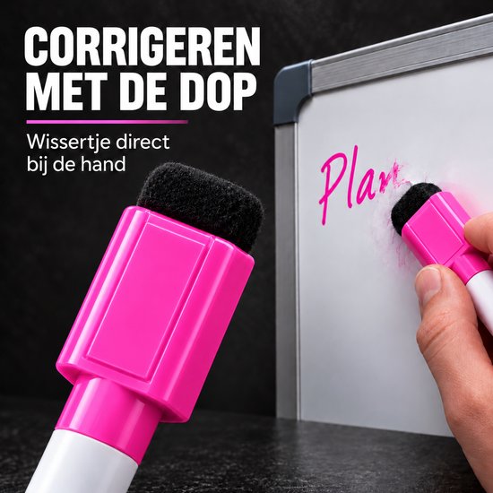 BlackBear Whiteboardmarkers - Roze - 4 stuks - Met rood-wit-blauwe wisser - Magnetische dop met wissertje - Droog uitwisbaar