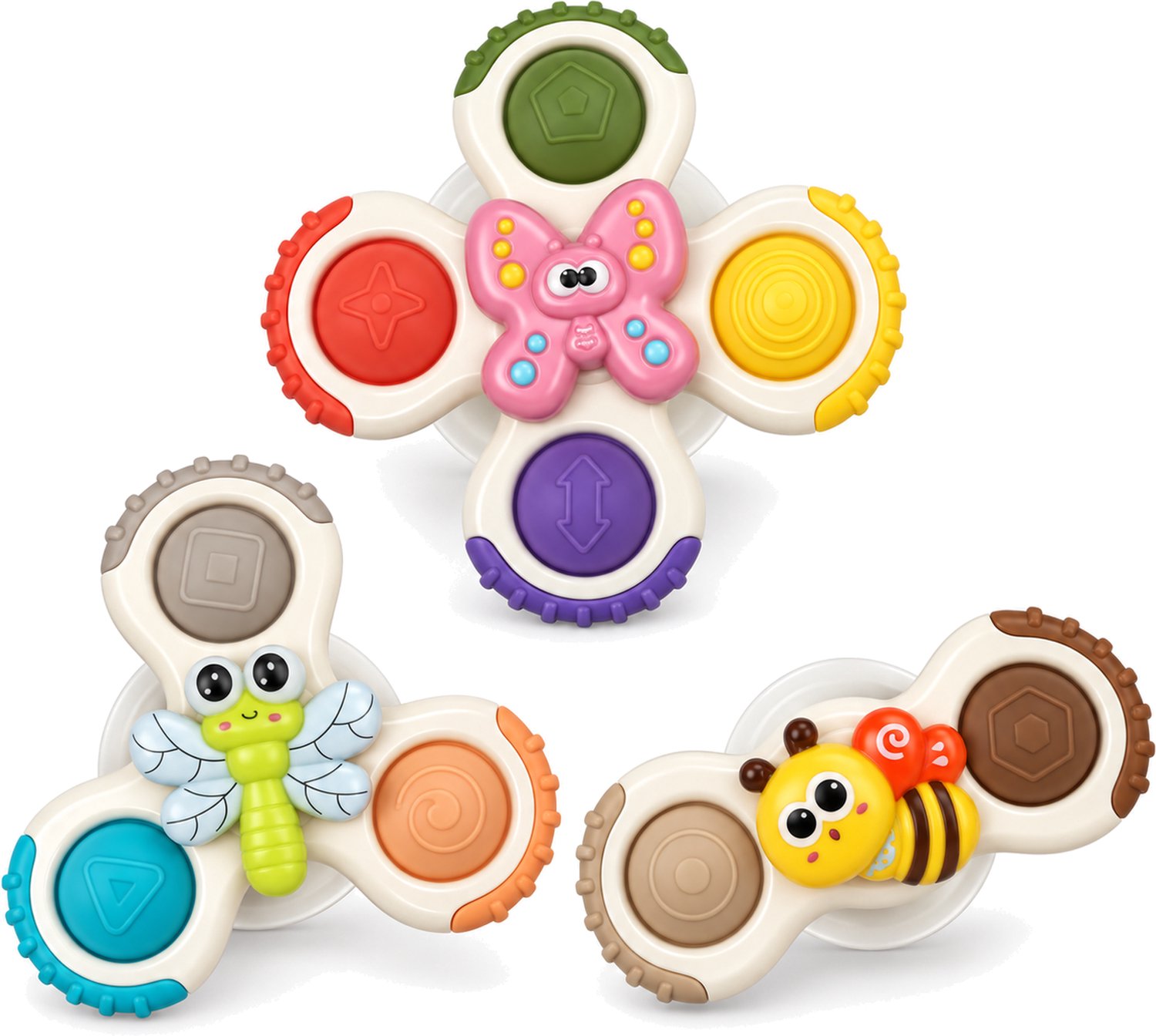Leefico Fidget Spinners Baby met Zuignap XL Insecten - Badspeelgoed Baby - Sensorisch Speelgoed - Set van 3 Stuks