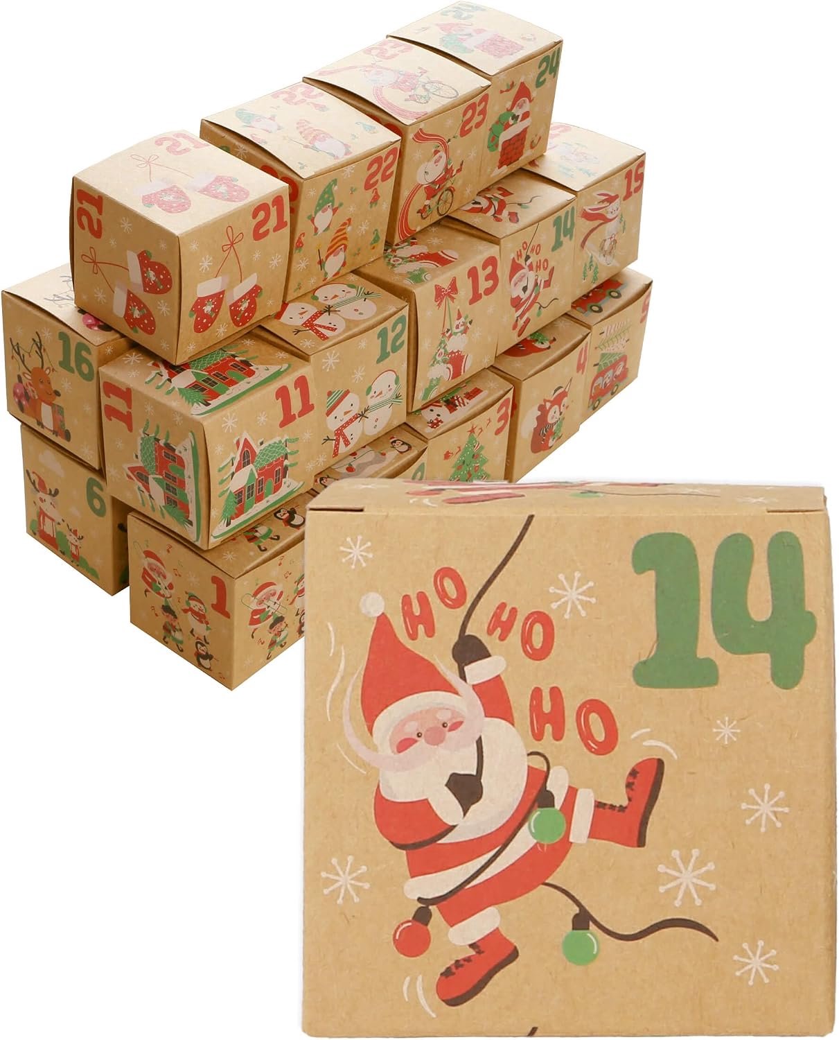 Online-Adventskalender met 24 zelfvulbare geschenkdozen, doe-het-zelf kerstdozen van kraftpapier, 7 x 7 x 7 cm, met - ShopVlot