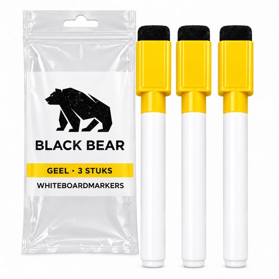 Drie gele Black Bear whiteboardmarkers met magnetische wisser, verpakt in een doorzichtige plastic zak.