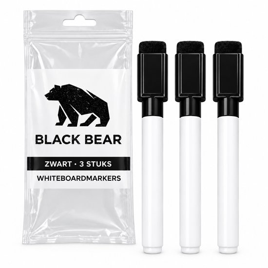 Drie zwarte Black Bear whiteboardmarkers naast een hersluitbare verpakking met het merklogo en tekst '3 stuks'.