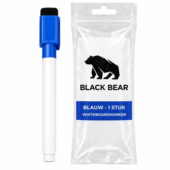 Blauwe Black Bear whitebordmarker naast een doorzichtige verpakking met merklogo.