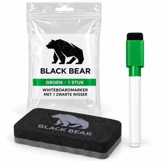 Groene whiteboardmarker met zwarte wisser en verpakking met BlackBear-logo: 'GROEN - 1 STUK, WHITEBOARDMARKER MET 1 WISSER'.