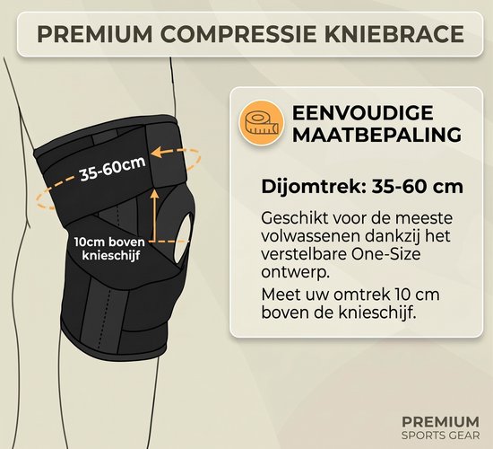 Zwarte kniebrace met verstelbare banden. Uitleg over maatbepaling: meet de dijomtrek 10 cm boven de knieschijf.