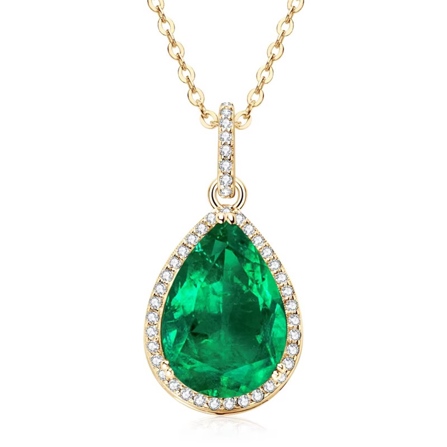 Selevie Ketting Goud Smaragd Peervormig met Moissanite – Geboortesteen Mei