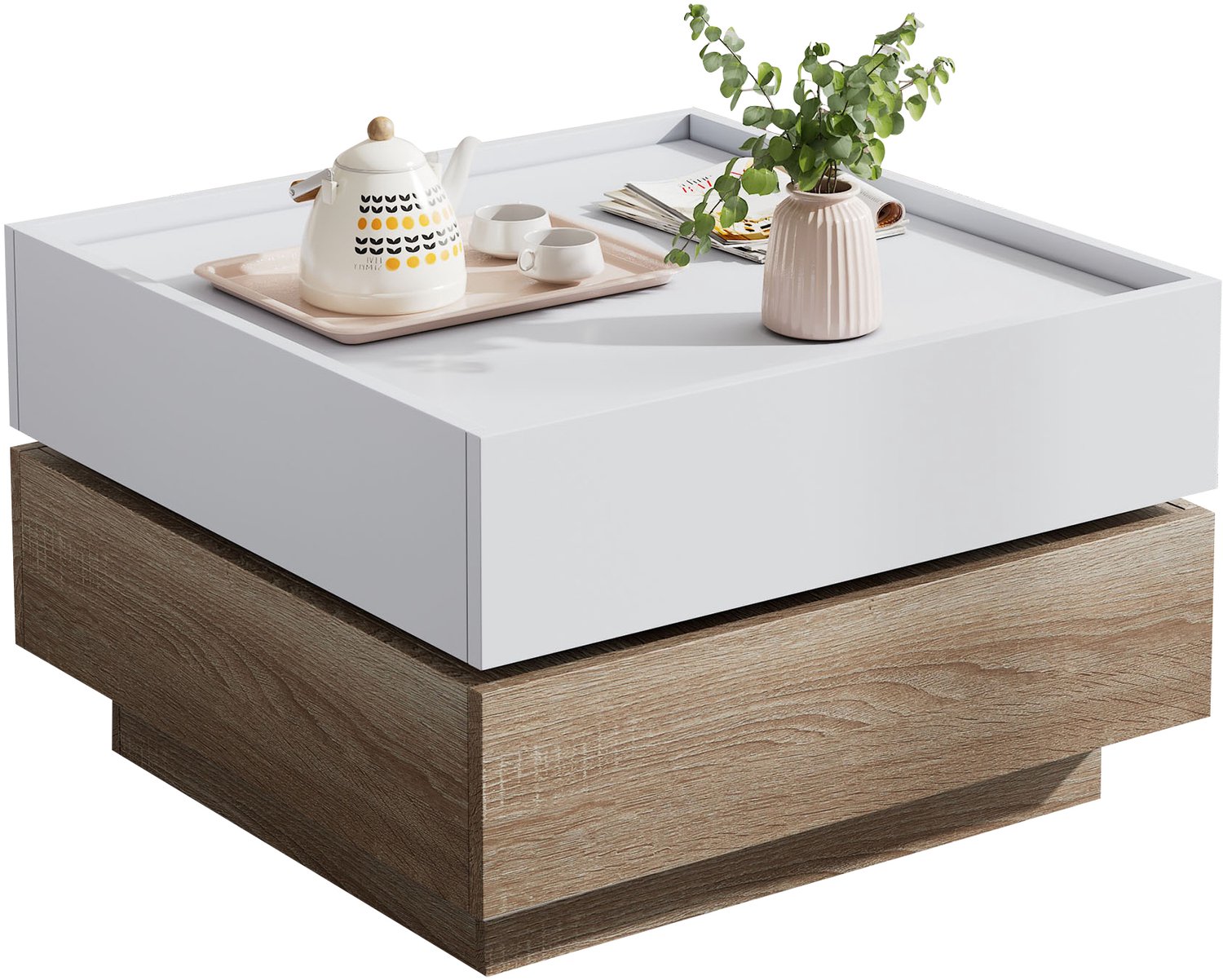 SONNENH 360 graden draaibare salontafel met2 laden - Spaanplaat - 60 x60 cm - Wit en walnootlook