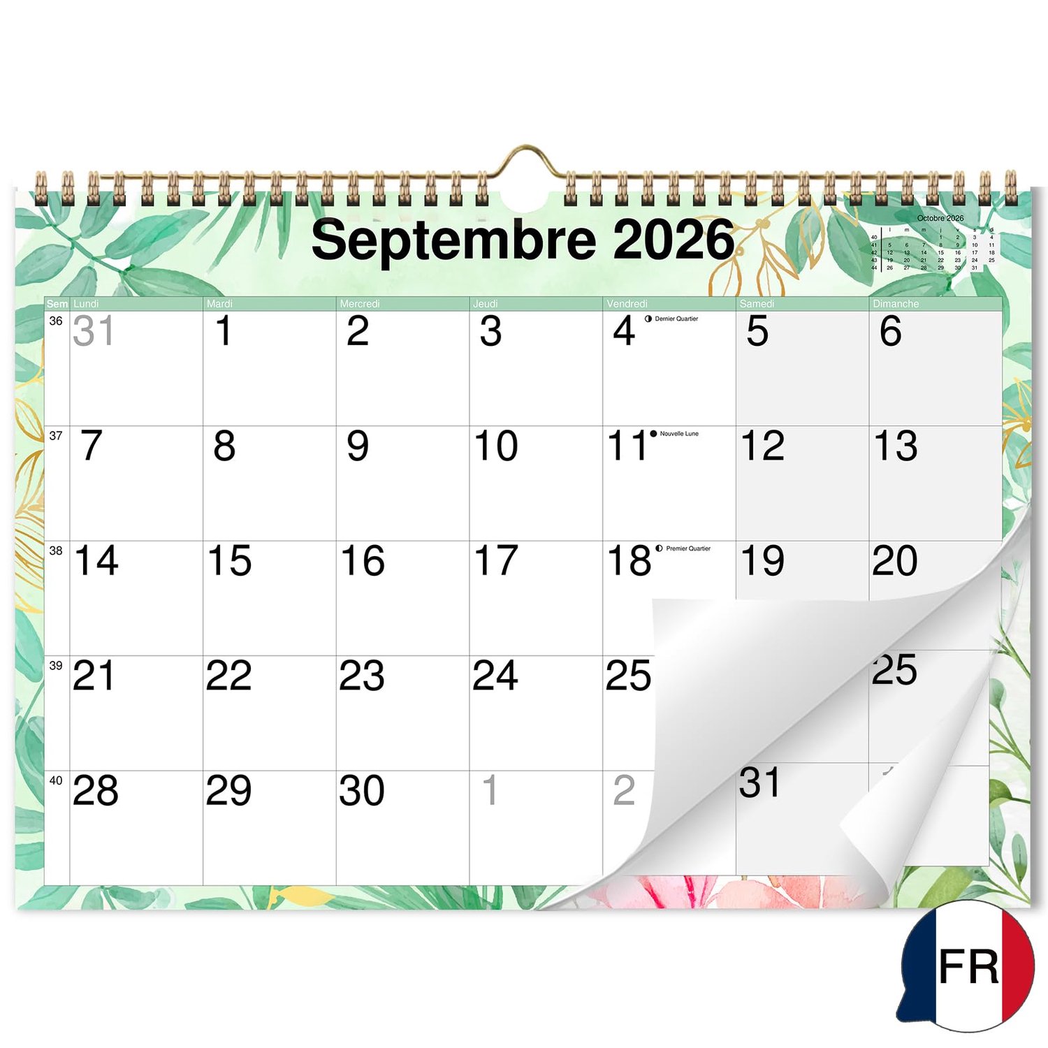 Wandkalender A3 2026-2027 - grote Franse letter - vanaf september 2026 - overzichtelijk plannen - Luxento