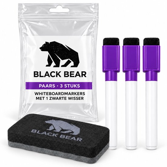 Set van 3 paarse whiteboardmarkers in verpakking met een zwarte Black Bear wisser.