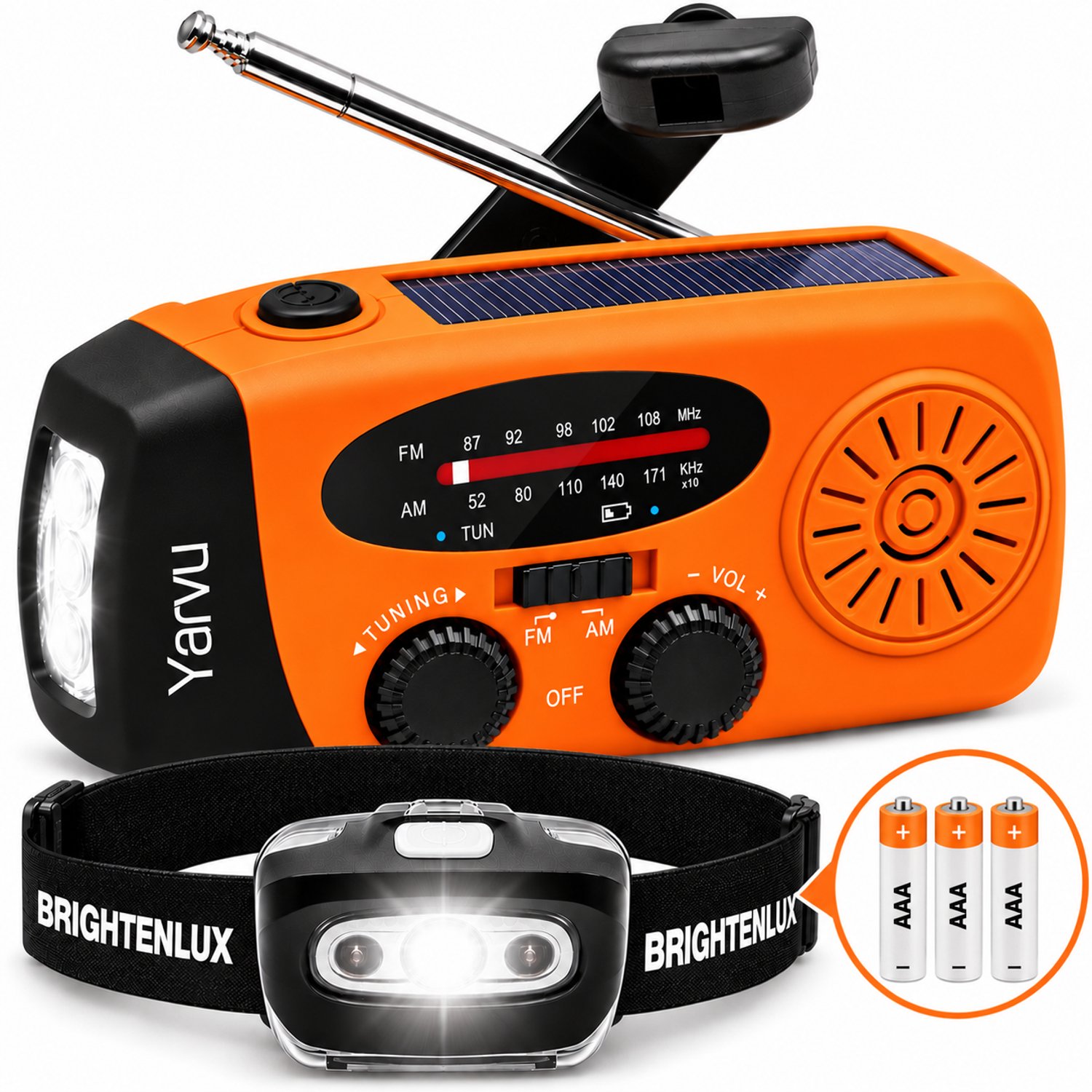 Yarvu ® Noodradio Solar Opwindbaar + LED Hoofdlamp op Batterijen - Noodpakket - 2000mAh - Powerbank - LED Zaklamp - Op Accu - Aanzwengelen - FM AM Radio - Zonne Energie - SOS Sirene - Oranje