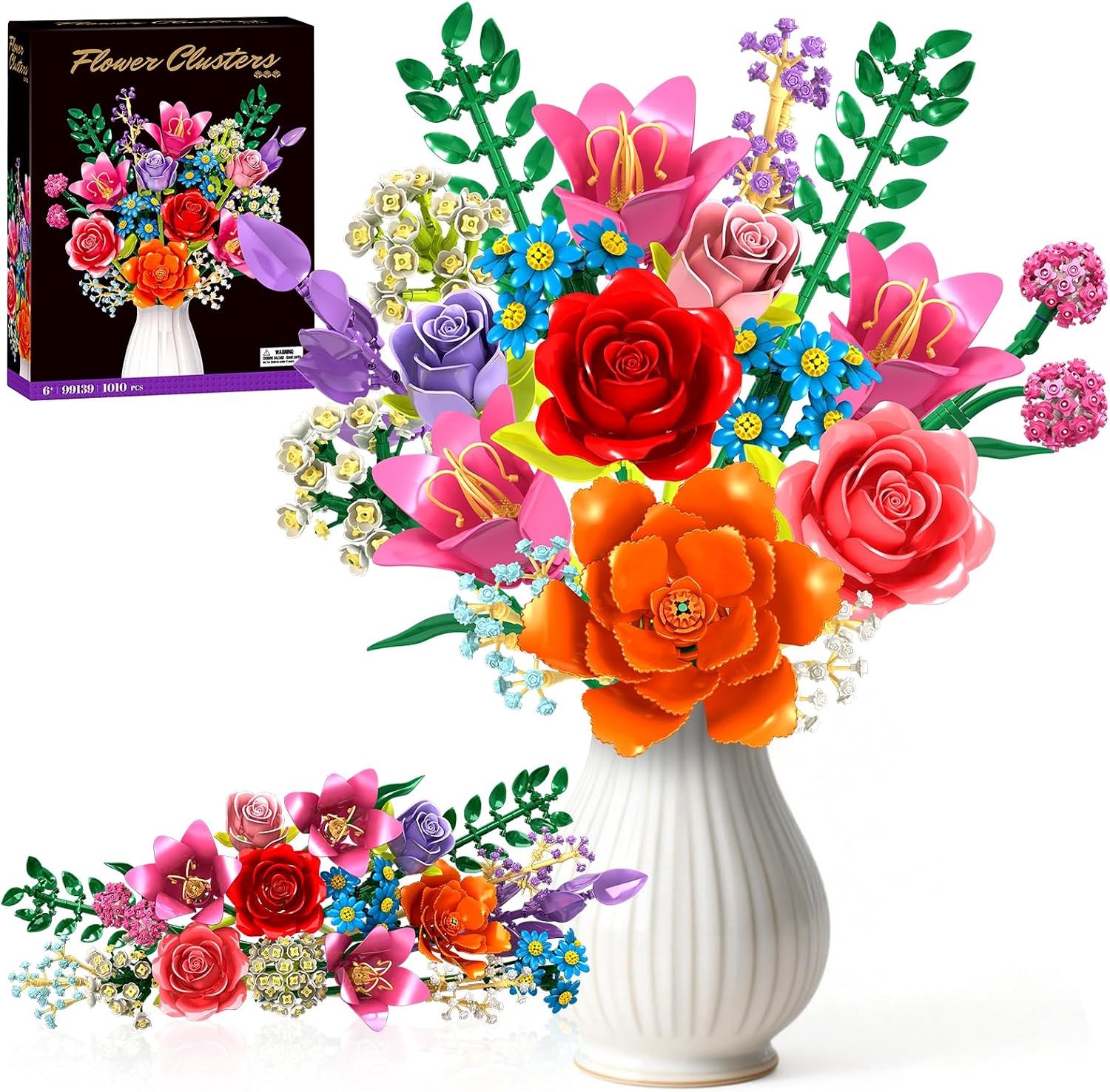 SnelShoppen - Flower Bouquet Bouwset met Roos, Lelie, Pioenroos en 19 DIY Wilde Bloemen Bouwblokjes voor Volwassenen en Vrouwen, Creatieve Decoratie v
