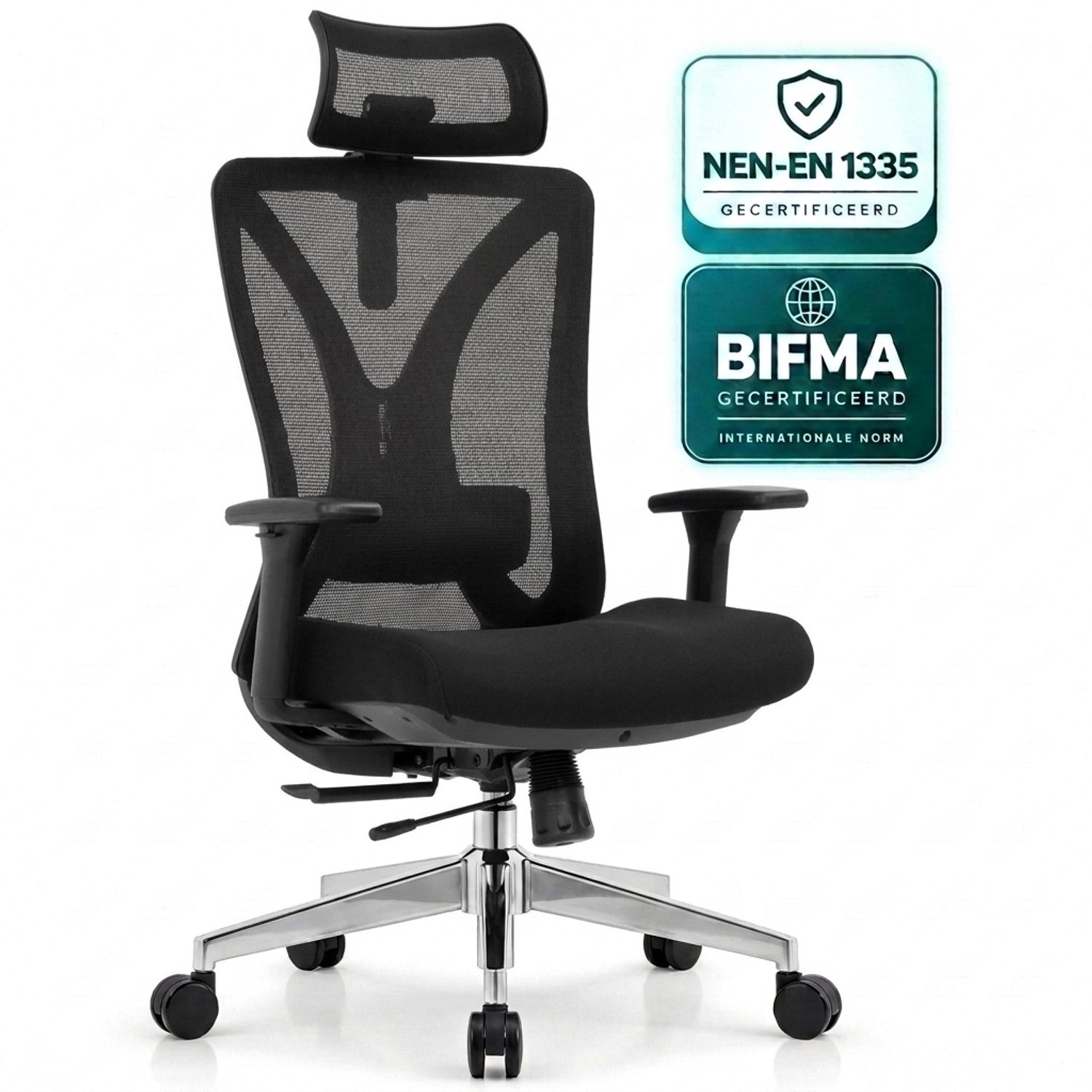 OfficeSense OS240 Ergonomische Bureaustoel - 3D Armleuningen - 2D Hoofdsteun & Lendensteun - Schuifzitting - 125° Kantelbaar - 150 kg - Zwart