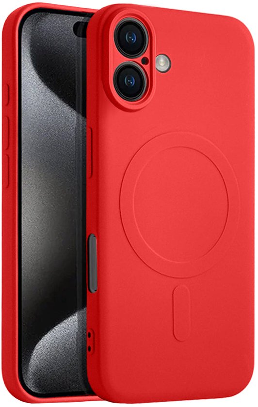 Rood siliconen hoesje voor iPhone met MagSafe-compatibiliteit, met cirkelvormig patroon aan de achterkant.