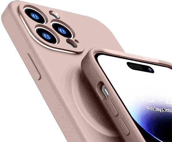 Roze siliconen hoesje voor iPhone met drievoudige camera.