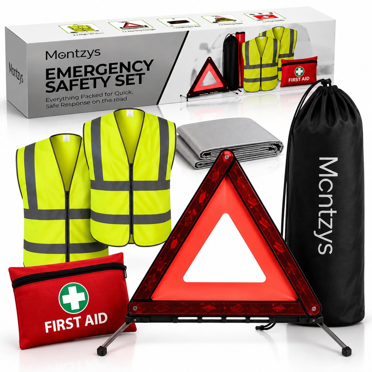 Montzys® Auto Veligheidsset - 5 delige Gevarendriehoek Set met Veiligheidshesjes, Nooddeken & EHBO Kit - Europese Wetgeving