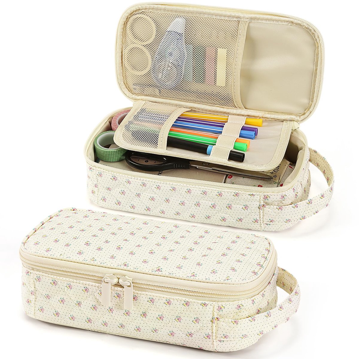 Casalora® Pennenetui – Bloemen Quilted Etui voor Meisjes – Grote Multi-Vakken Pennenzak met Handvat – Stationery Organizer voor School, Reizen en Dagelijks Gebruik – Geel