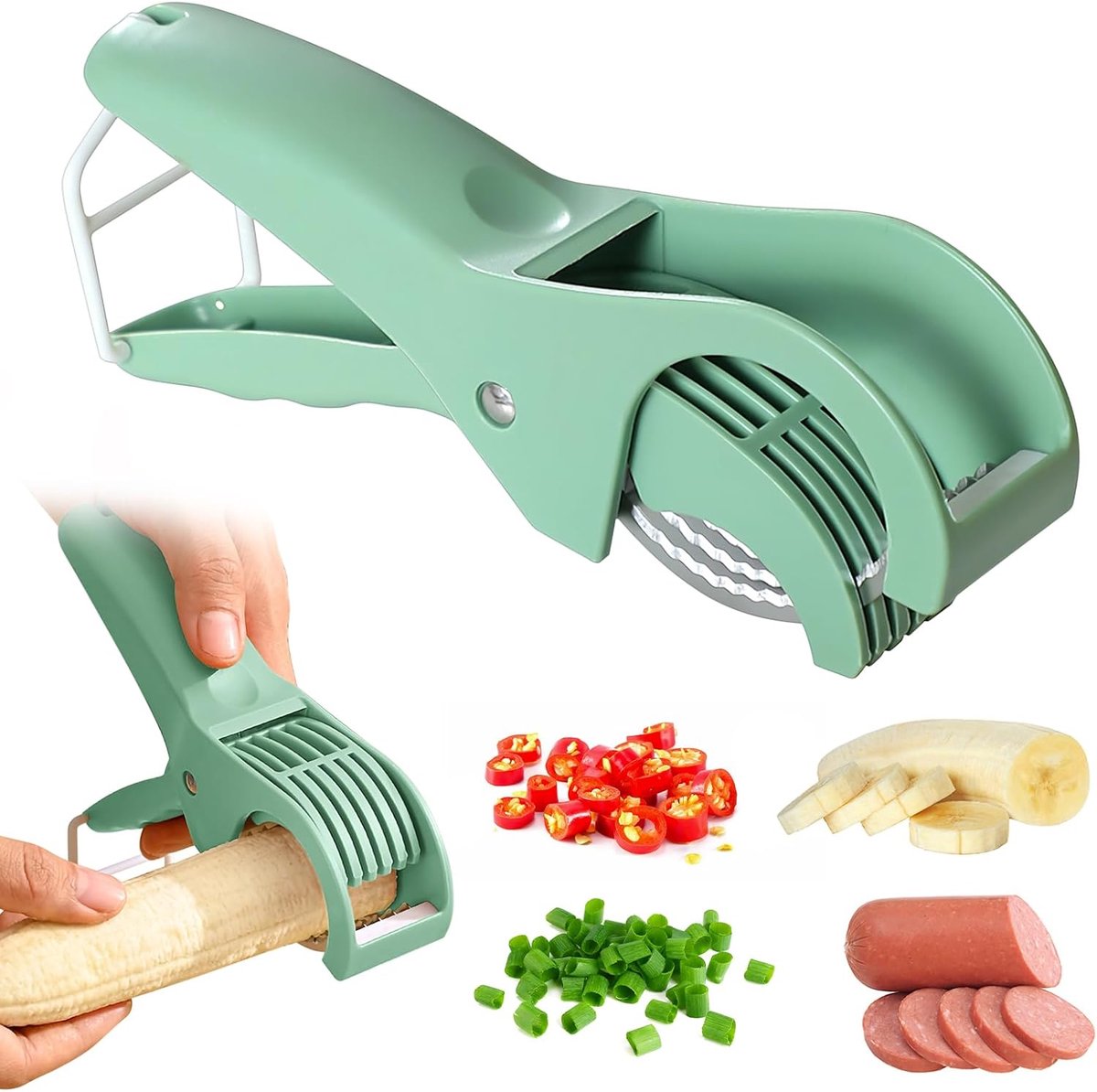 Handmatige bananensnijder - Bananensnijder - Roestvrijstalen snijder - Multifunctioneel - ABS-handvat - Voor gelijkmatig snijden - Keukengadget - Groen