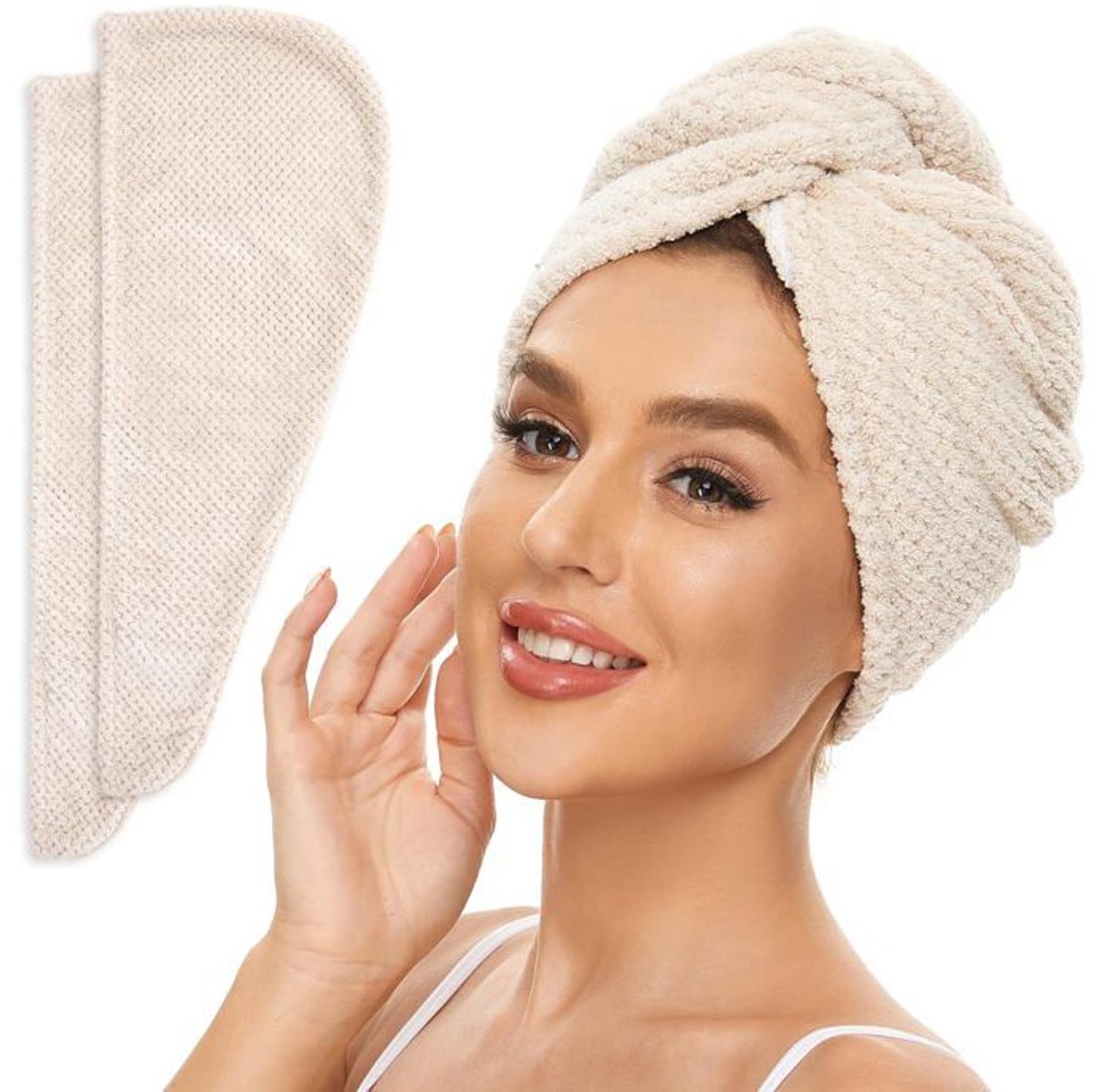 Dameshanddoeken voor het drogen van haar, set van 2, geschikt voor alle haartypes, zeer absorberend (beige).