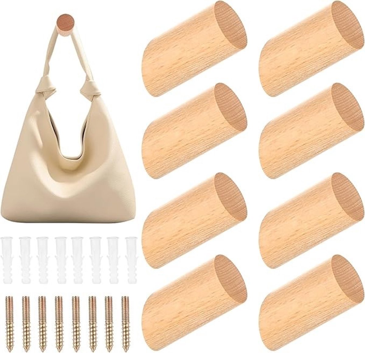 PolkaHome 8 stuks houten kapstokhaken vintage wandhaken voor kleding, hoeden, handdoeken - geschikt voor slaapkamer, gang, badkamer en keuken