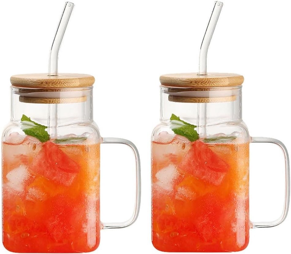 Set van 2 glazen mokken met houten deksel en geïntegreerd glazen rietje voor een stijlvolle drankervaring